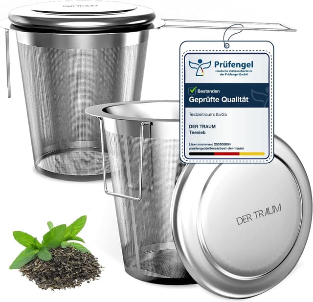 🍵🎁 Der Traum Teesieb für Losen Tee aus 304 Rostfreiem Edelstahl – 2 Stück Teesieb für Tasse, Teefilter Edelstahl mit Deckel und Faltbare Griffe 🎁🍵