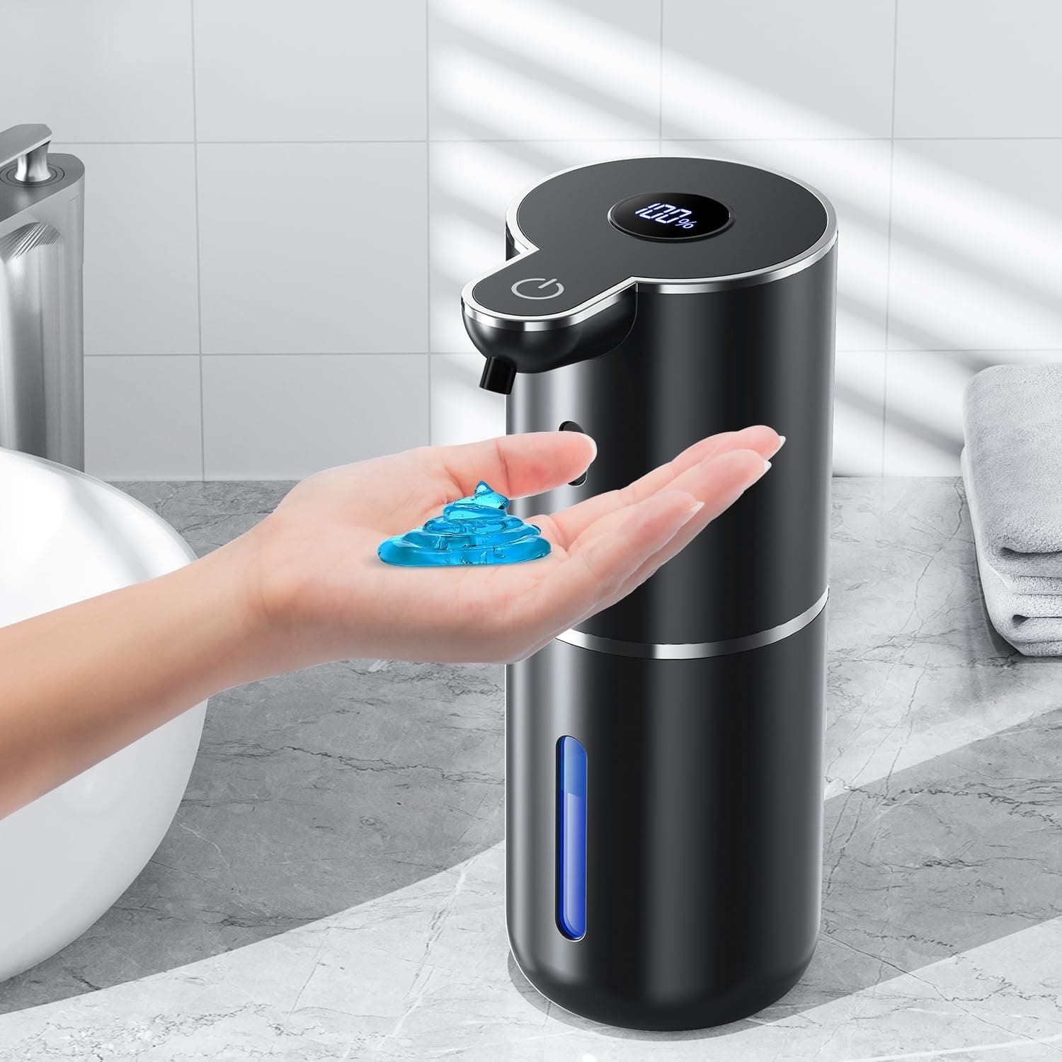Amyzavls Seifenspender Automatisch mit Digitalanzeige,Berührungslos 380ml Seifenspender Wandbefestigung mit Sensor,USB Wiederaufladbar für Bad,Küche Schwarz Flüssigetyp