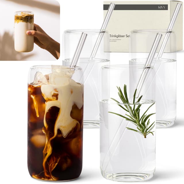 🥤🍸 KIVY Trinkgläser Set mit Glas Strohhalm [4x 450ml] - Spülmaschinenfest & Robust - Ideal für Eiskaffee, Cocktails & mehr! 🌟
