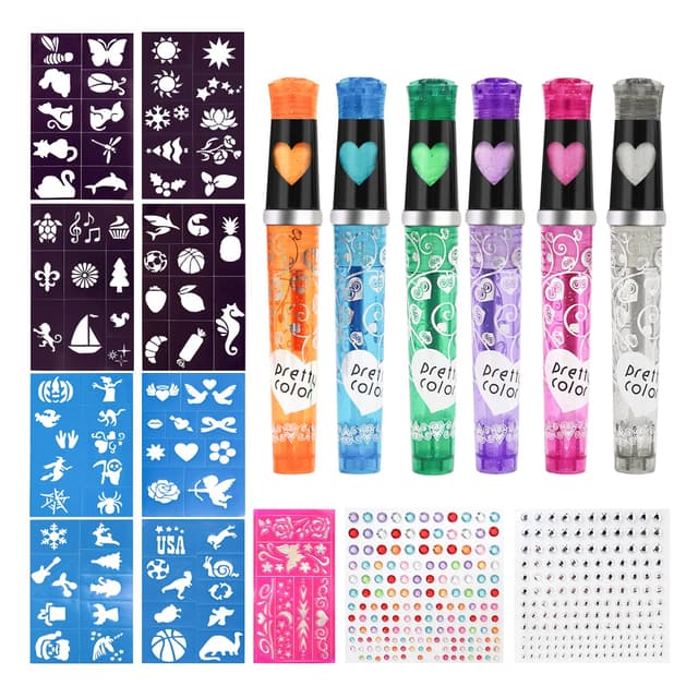 Glitzer Tattoo Stifte Set für Kinder 🌟 6 Farben Glitzer, 8 Schablonen 80 Muster