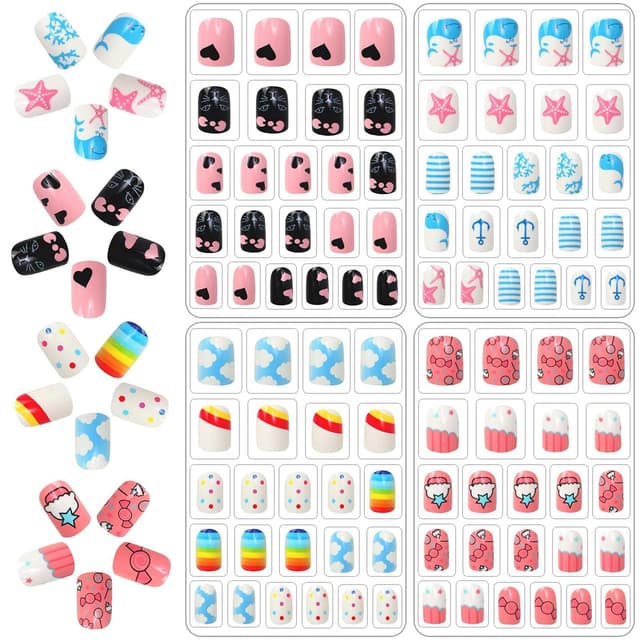 🎁 Goiern 96 Pcs Fingernägel zum Aufkleben Kinder, Mädchen Aufdrücken Nägel Vollabdeckung Kurze Kindernägel Set