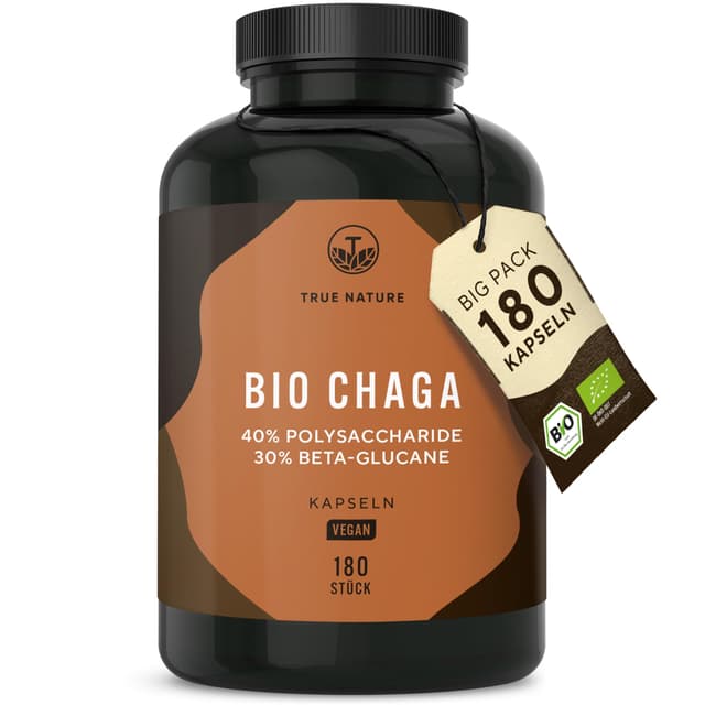 🍄‍🟫 BIO Chaga Pilz Extrakt - 180 Kapseln - 12.000mg Extrakt (10:1) - 40% Polysaccharide - 30% Beta Glucane