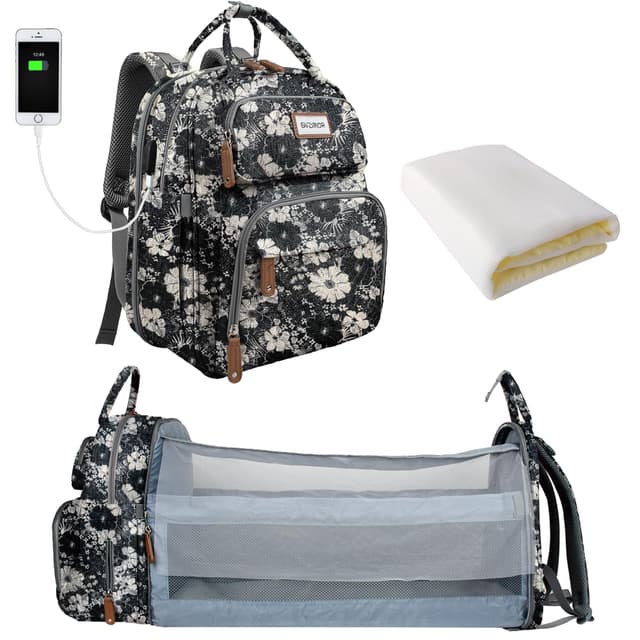 🎒👶 SNDMOR Wickeltasche Rucksack mit Wickelstation - Großes Fassungsvermögen und Stylisch (Blumen)