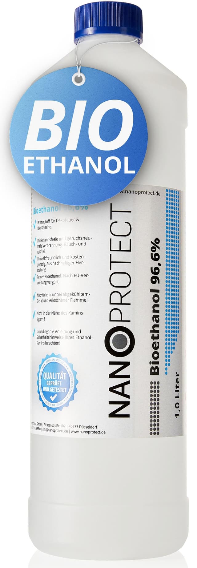 Nanoprotect Bioethanol 96,6% | 1 Liter 🔥 | Flüssiger Ethanol Brennstoff für Indoor Kamin und Tischfeuer