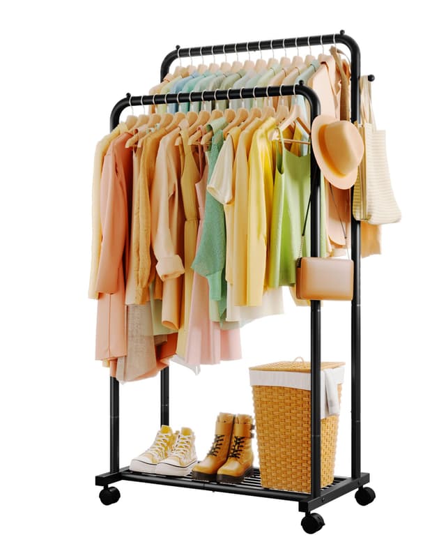 👗  Sakugi Kleiderständer auf Rollen - Doppelstangen Kleiderstange mit Mesh-Ablage 🛒