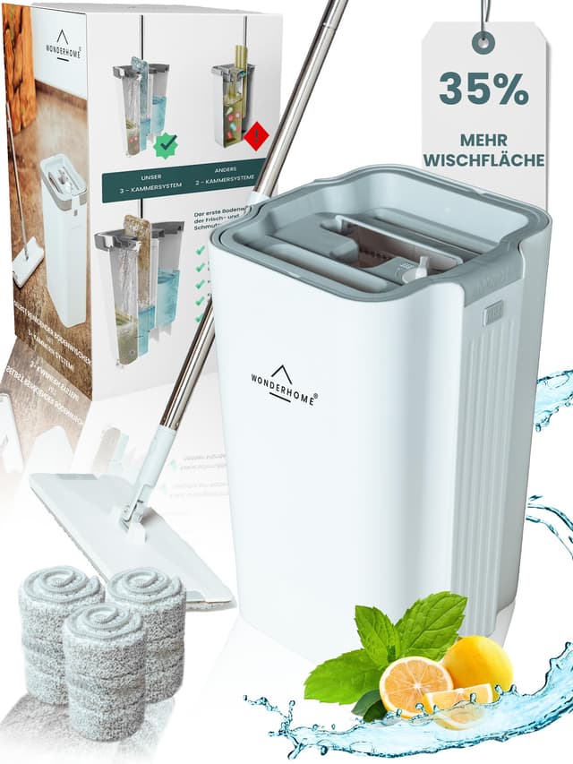 WONDERHOME Wischmopp Set mit Eimer 🧹🏠 - Bodenwischer mit innovativem 3-Kammersystem