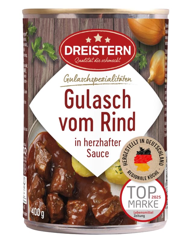🌟 DREISTERN Rindergulasch 400g 🌟 Recyclebare Konservendose 🌟 Hausmacher Qualität