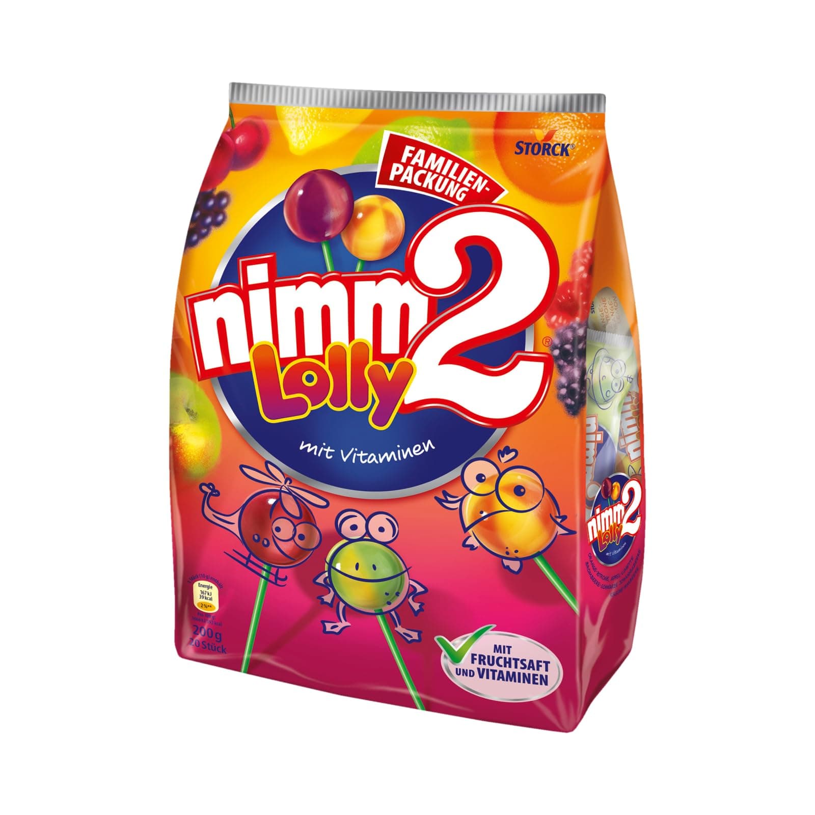 🍭 nimm2 Lolly 1x200g - Frucht-Stielbonbon 🍊🍏🍇🍒