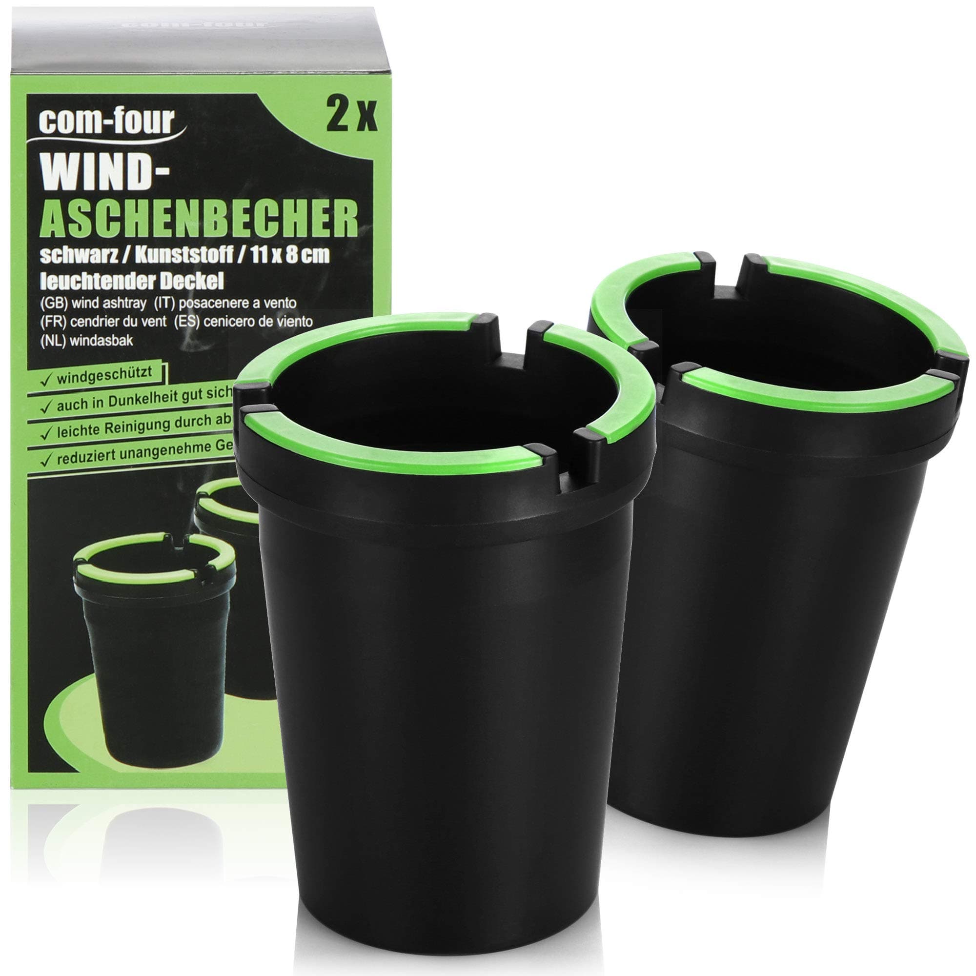 🌬️🚬 com-four® 2X Aschenbecher für draußen - Windaschenbecher - Sturmaschenbecher mit leuchtendem Deckel - Autoaschenbecher, Ø 8 cm (02 Stück - schwarz)