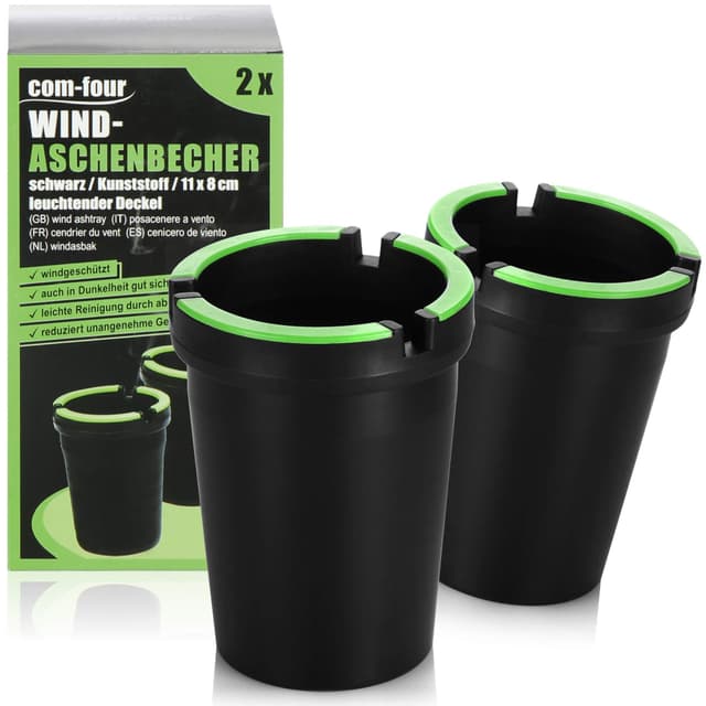 🌬️🚬 com-four® 2X Aschenbecher für draußen - Windaschenbecher - Sturmaschenbecher mit leuchtendem Deckel - Autoaschenbecher, Ø 8 cm (02 Stück - schwarz)