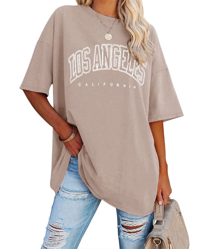 Ebifin Oversize T Shirt Damen Vintage Kurzärmeliges Rundhals Los Angeles Oberteile Tops Casual Lockere Basic Sommer Tee Shirts Bluse. M Khaki