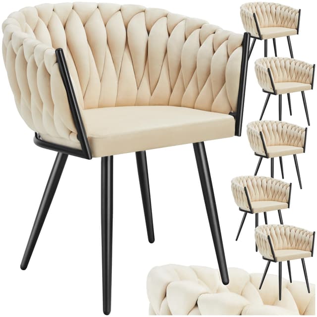tectake® Samt Stuhl, Schalenstuhl mit Armlehne in Knoten Optik, Esszimmerstühle, Sessel modern für Wohnzimmer, Esszimmer, als Küchenstühle, für Schminktisch, Dining Chair Set - Sand, 6er Set