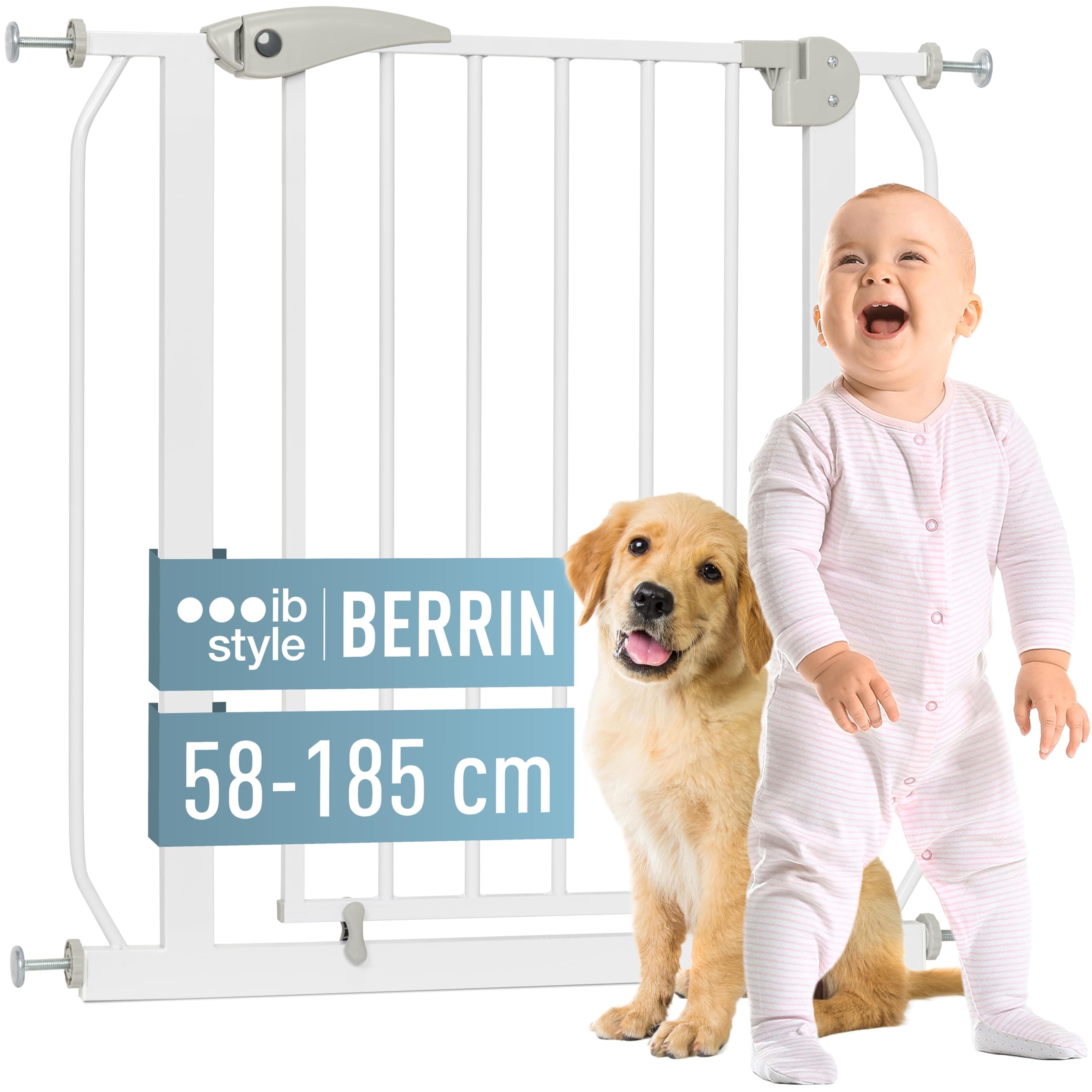 ib style Treppenschutzgitter für Babys Berrin 58-185 cm, Türschutzgitter, Absperrgitter für Haustiere, Weiß, 68-76 cm 🚪🐾