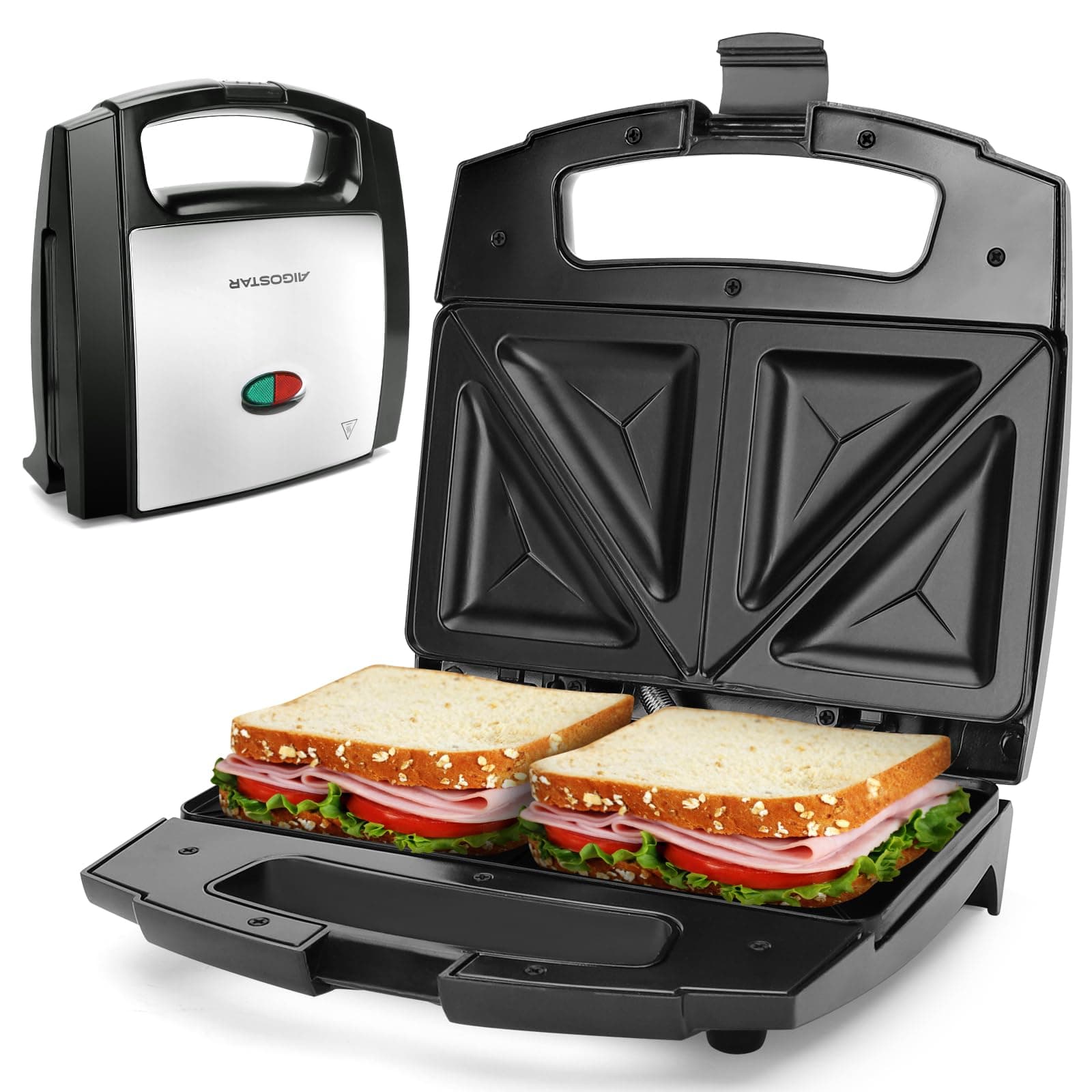 🥪 Aigostar Sandwichmaker für Dreieckige Sandwichtoasts, 800 W mit Antihaftbeschichtung
