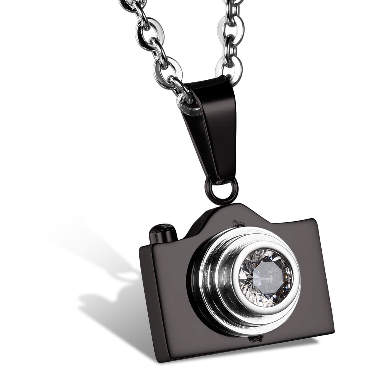 📷 JewelryWe Schmuck Edelstahl Exquisite Kamera Anhänger mit Klar Strass, 55cm Kette Halskette - Schwarz Silber