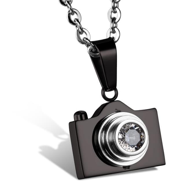 📷 JewelryWe Schmuck Edelstahl Exquisite Kamera Anhänger mit Klar Strass, 55cm Kette Halskette - Schwarz Silber