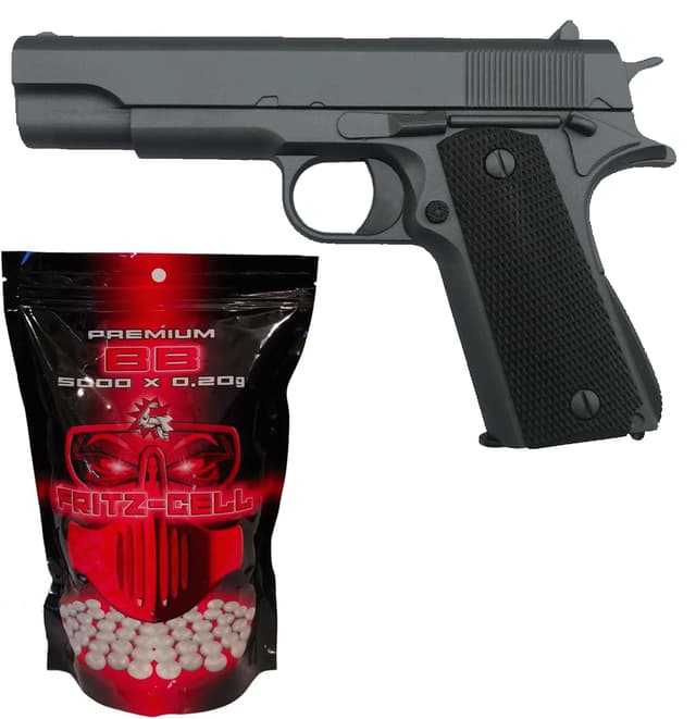 🔫 Fritz-Cell Airsoft Pistole 1911 Federdruck Softair 0,5 Joule + 5000 x 6 mm BB Kugeln 🎯