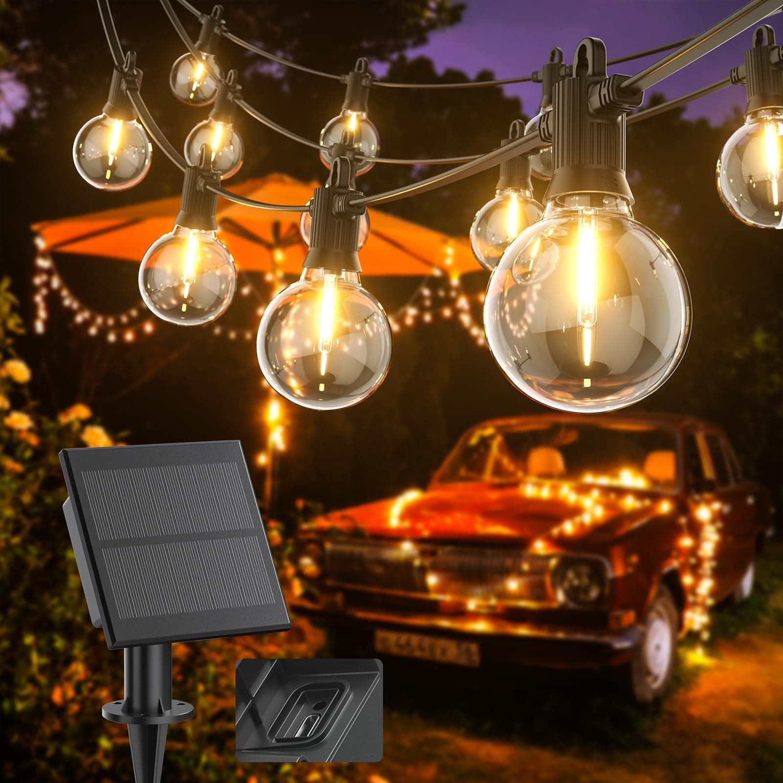 🌞 Kawaya Solar Lichterkette Außen 10M LED Lichterkette Aussen Solar Wiederaufladbar 5 Lichtmodi IP65 Wasserdicht mit G40 15+1 Glühbirnen Warmweiß Outdoor Balkon Lichterkette für Garten Terrasse 2# Solar 9.5M