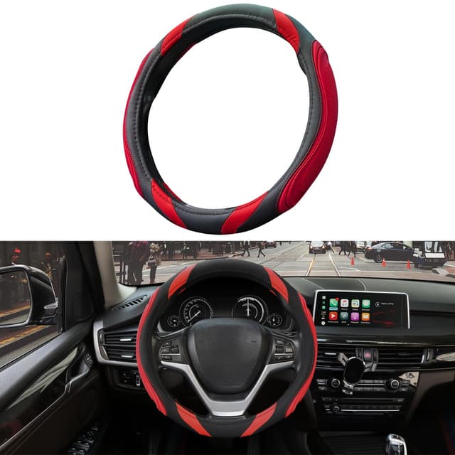🚗 XCBYT Lenkradbezug Auto Universal 37-38cm, Super Anti-Rutsch Lenkradhülle in Leder, Sportlich Lenkradschoner für Sommer Winter, Rot 🚗