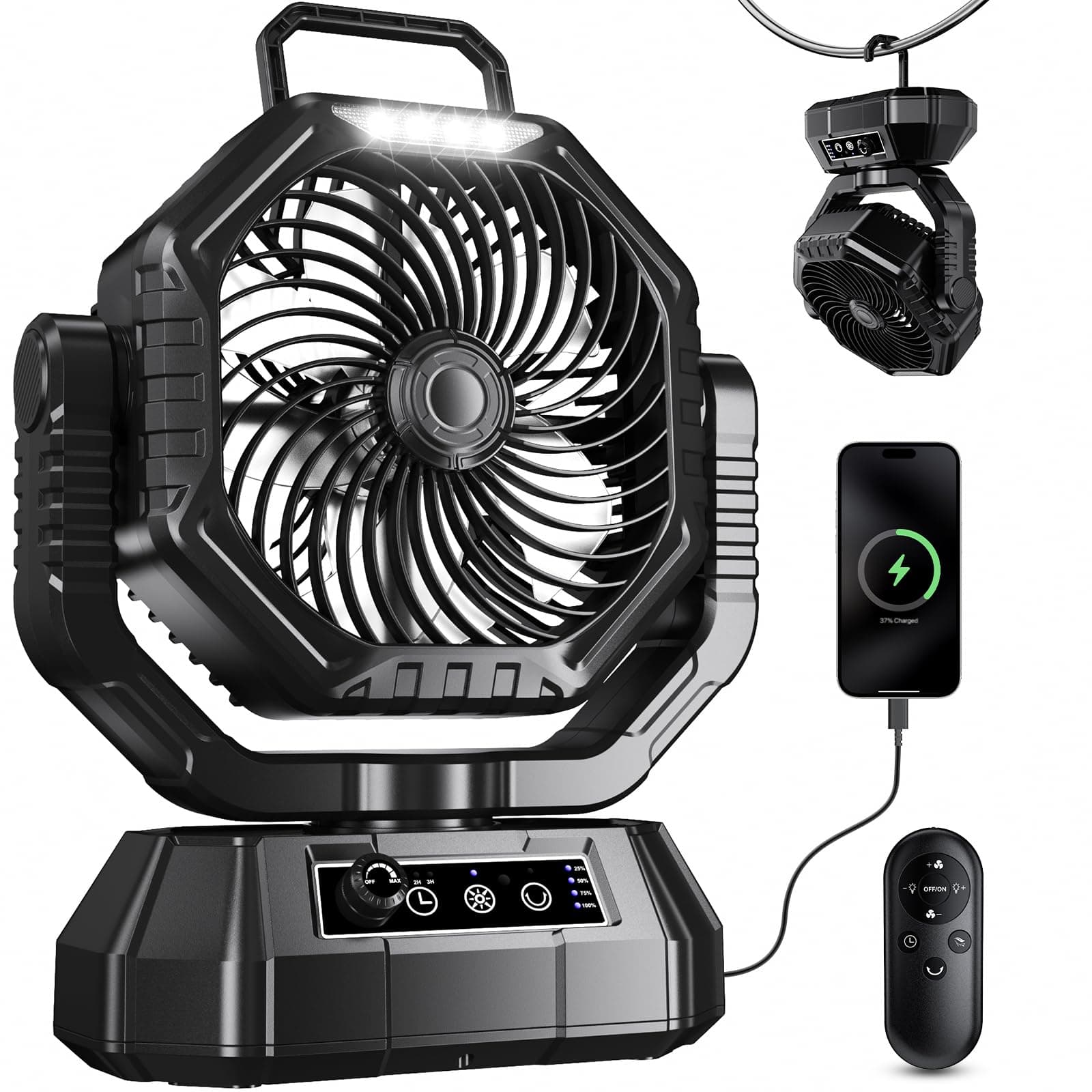 🏕️ VTHW Camping Ventilator, 20000mAh Wiederaufladbarer Ventilator mit LED Licht & Haken