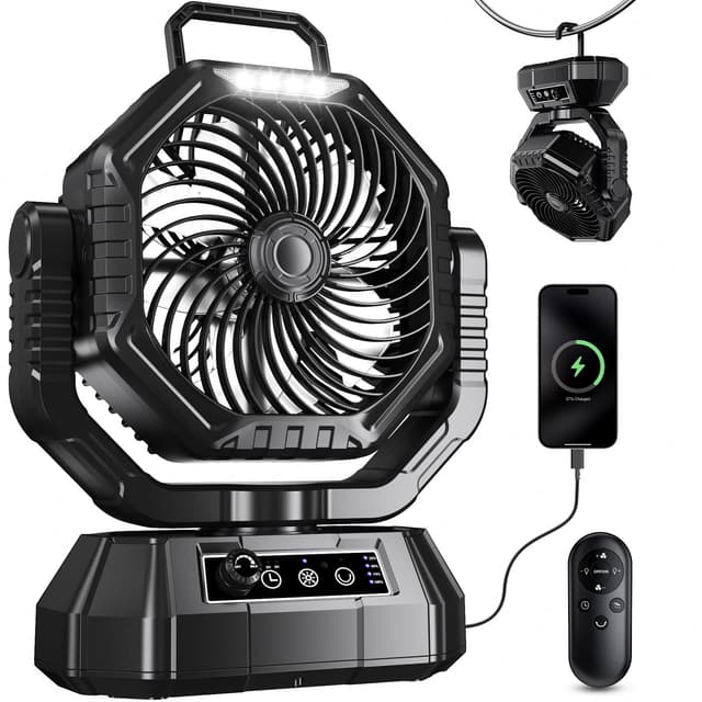 🏕️ VTHW Camping Ventilator, 20000mAh Wiederaufladbarer Ventilator mit LED Licht & Haken