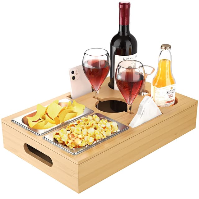 🛋️ WELDUN 2 in 1 Couchbar Snackbox Bambus Sofatablett mit 2 Edelstahl Snackschale 🍿🥤🍷