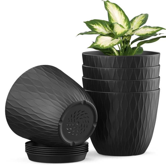 🌿🌺🌼 Homeuouz 5 Packs Blumentopf mit Bewässerungssystem, 15.3cm Pflanzentopf mit Bewässerungssystem, Übertopf mit Untersetzer, Blumentöpfe Set - Schwarz 6in