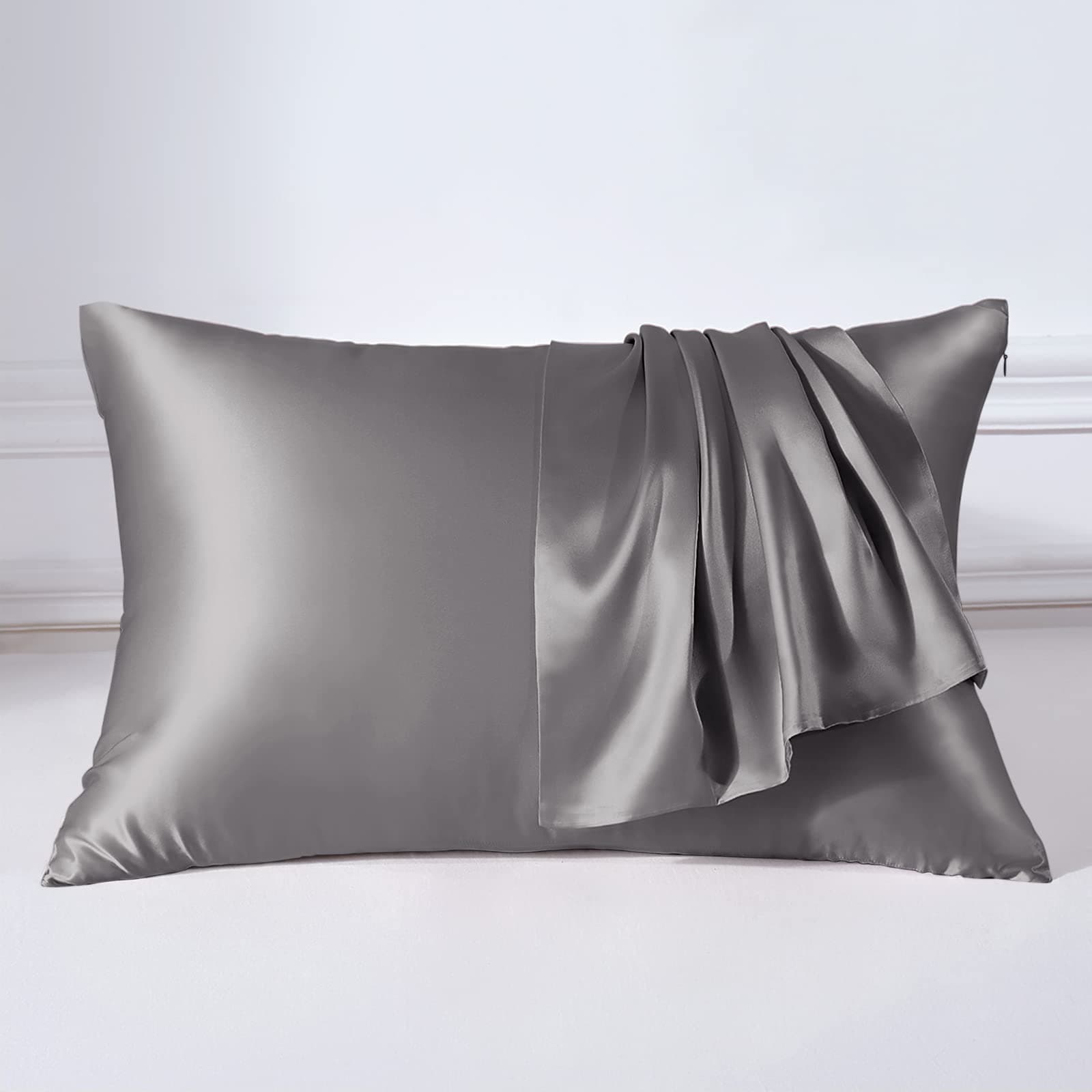 THXSILK Seidenkissenbezug 40x80 cm - Doppelseitige 100% Maulbeerseide 😍 - Hypoallergen mit Versteckter Reißverschluss 🌿 - 22 Momme Kissenbezug Seide 40 x 80 für Haar und Haut (Grau, 1 Stück) 40x80cm Grau