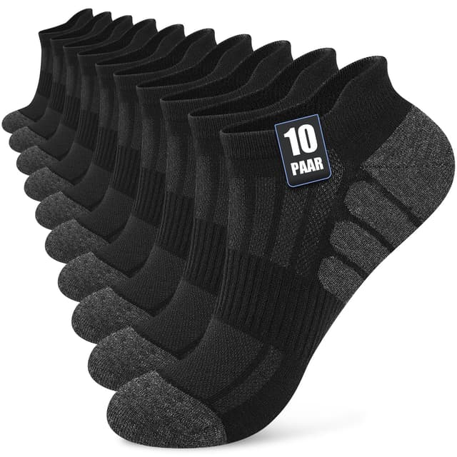 🧦 Stoeury 10 Paar Sneaker Socken Herren Damen | Atmungsaktive Baumwolle | Knöchelsocken Schwarz 43-46