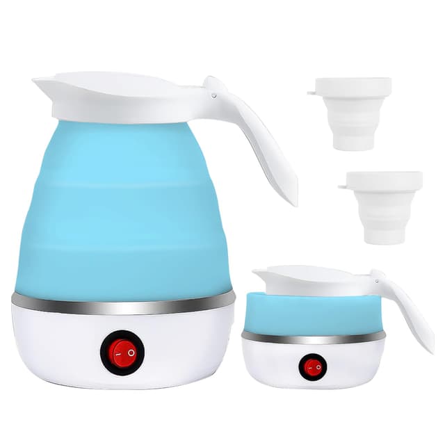 RANJIMA Faltbarer Wasserkocher 🌟 Camping Wasserkocher Faltbar Mini Wasserkessel Tragbarer Silikon Reisewasserkocher Klein mit 2 Faltbecher 🏕️ 5 Minuten Schnelles Kochen für Küche Reise Camping Outdoor Blau