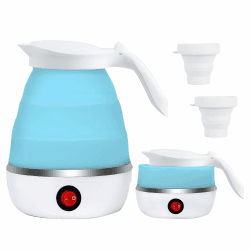 RANJIMA Faltbarer Wasserkocher 🌟 Camping Wasserkocher Faltbar Mini Wasserkessel Tragbarer Silikon Reisewasserkocher Klein mit 2 Faltbecher 🏕️ 5 Minuten Schnelles Kochen für Küche Reise Camping Outdoor Blau