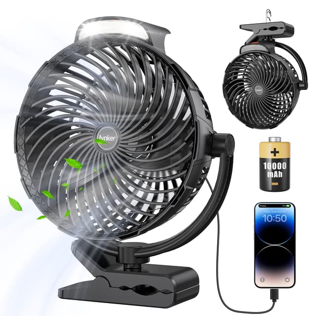 lynker Mini USB Clip Ventilator 10000 mAh, 3 in 1 Clip Fan Tischventilator mit LED Licht, 360°Drehung, Stufenloser Geschwindigkeiten Handventilator - Schwarz