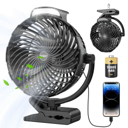 lynker Mini USB Clip Ventilator 10000 mAh, 3 in 1 Clip Fan Tischventilator mit LED Licht, 360°Drehung, Stufenloser Geschwindigkeiten Handventilator - Schwarz