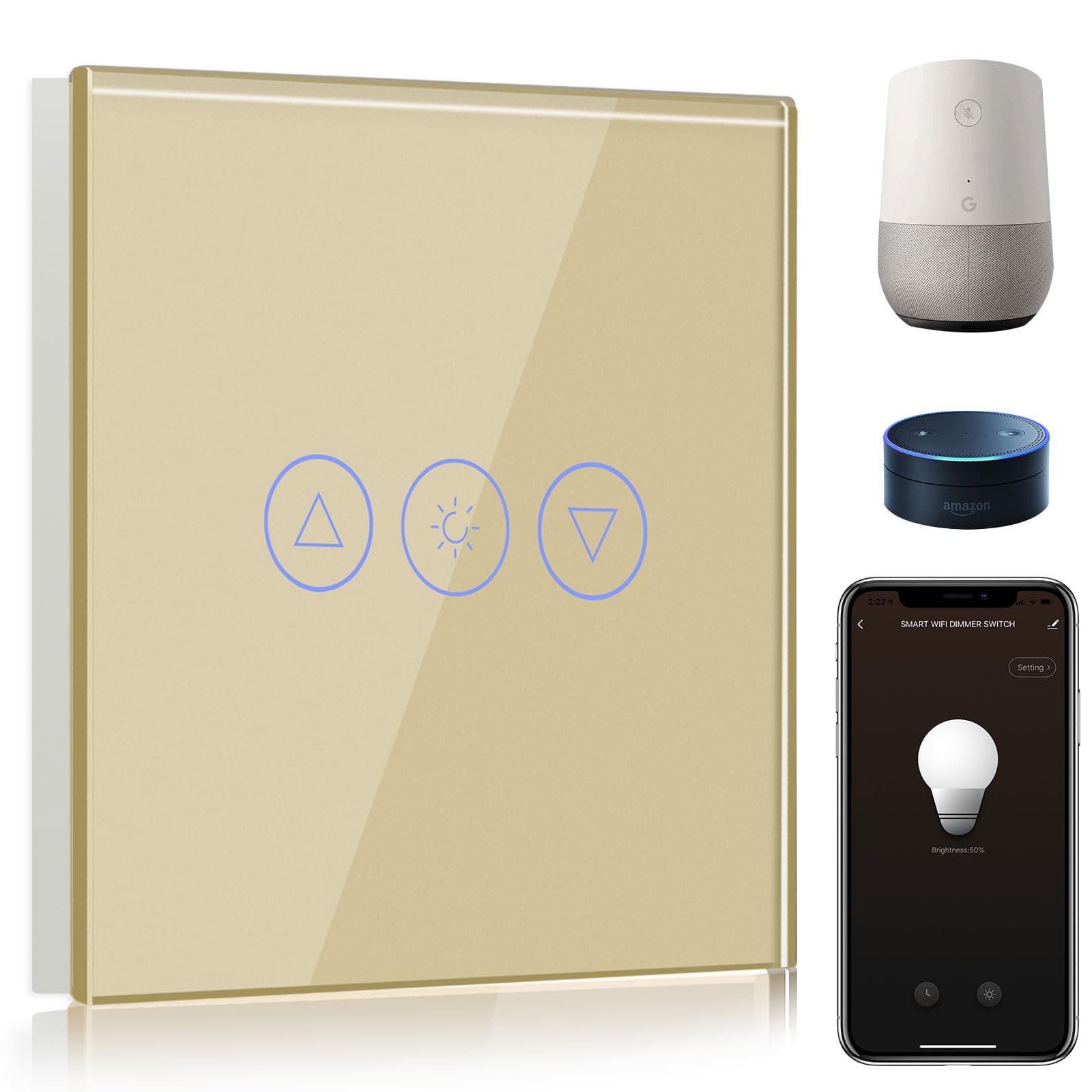 BSEED Smart Dimmer Lichtschalter 1-Fach 1-Weg Wifi LED Dimmer Gold 🌟