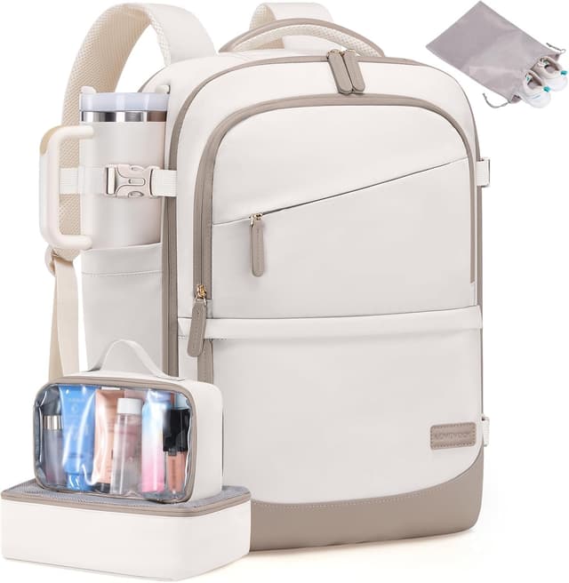 🎒 LOVEVOOK Handgepäck Reiserucksack 4 Stück, 40L Rucksack Damen Groß Flugzeug mit Nass- und Trockenfach 45x36x20, 17.3 Zoll Laptop Travel Backpack Kofferrucksack Carry On Luggage für Trip Reise Beige Khaki 17.3 Zoll