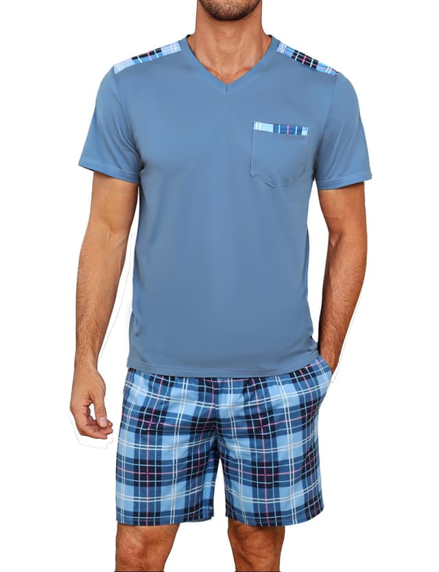Litherday Schlafanzug Herren Kurz Sommer Baumwolle Pyjama Set Kurzarm Shorty Zweiteiliger T-Shirt Schlafanzughose Loungewear für Männer Blau&himmelblau L 🌙👕