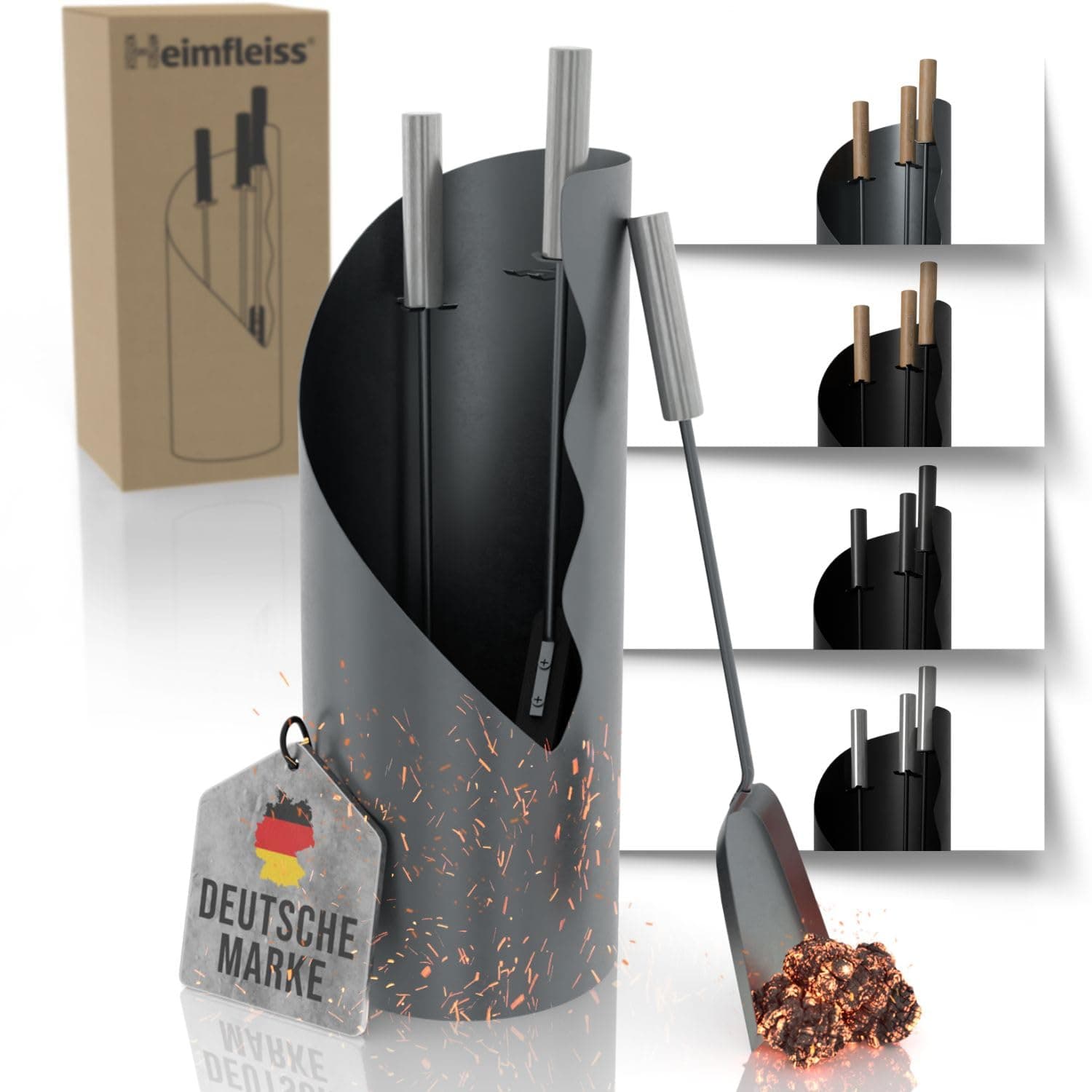 Heimfleiss® Kaminbesteck Grau Modern | Kaminzubehör mit Edelstahl Griffen