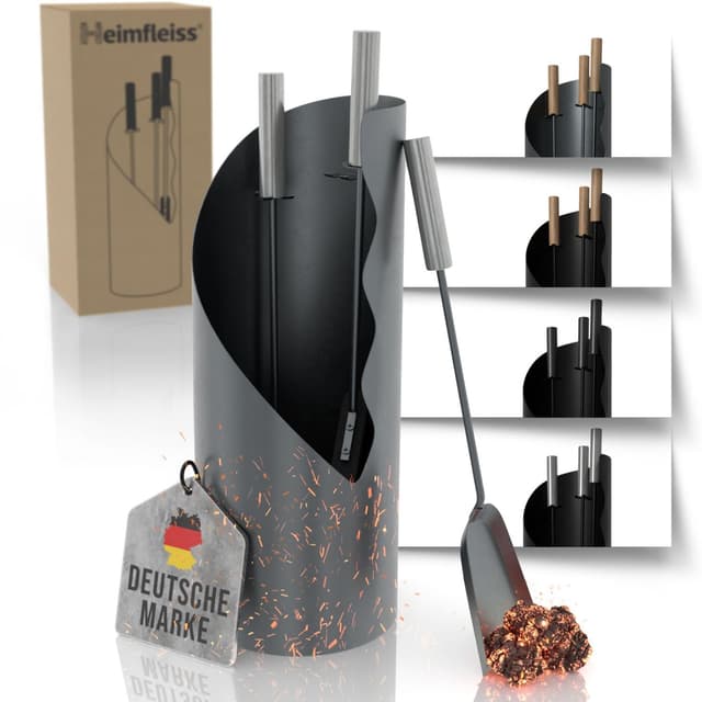 Heimfleiss® Kaminbesteck Grau Modern | Kaminzubehör mit Edelstahl Griffen