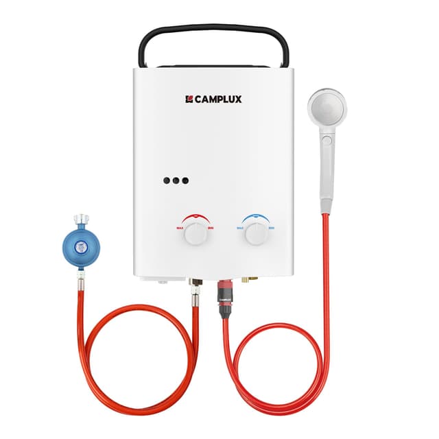 CAMPLUX AY132-DE 5 Liter Tankless Gasdurchlauferhitzer 50mbar, LPG Durchlauferhitzer mit Tragbarer Griff, 10kW, Propan- oder Butangas, Campingdusche 50 mbar Weiß 🚿