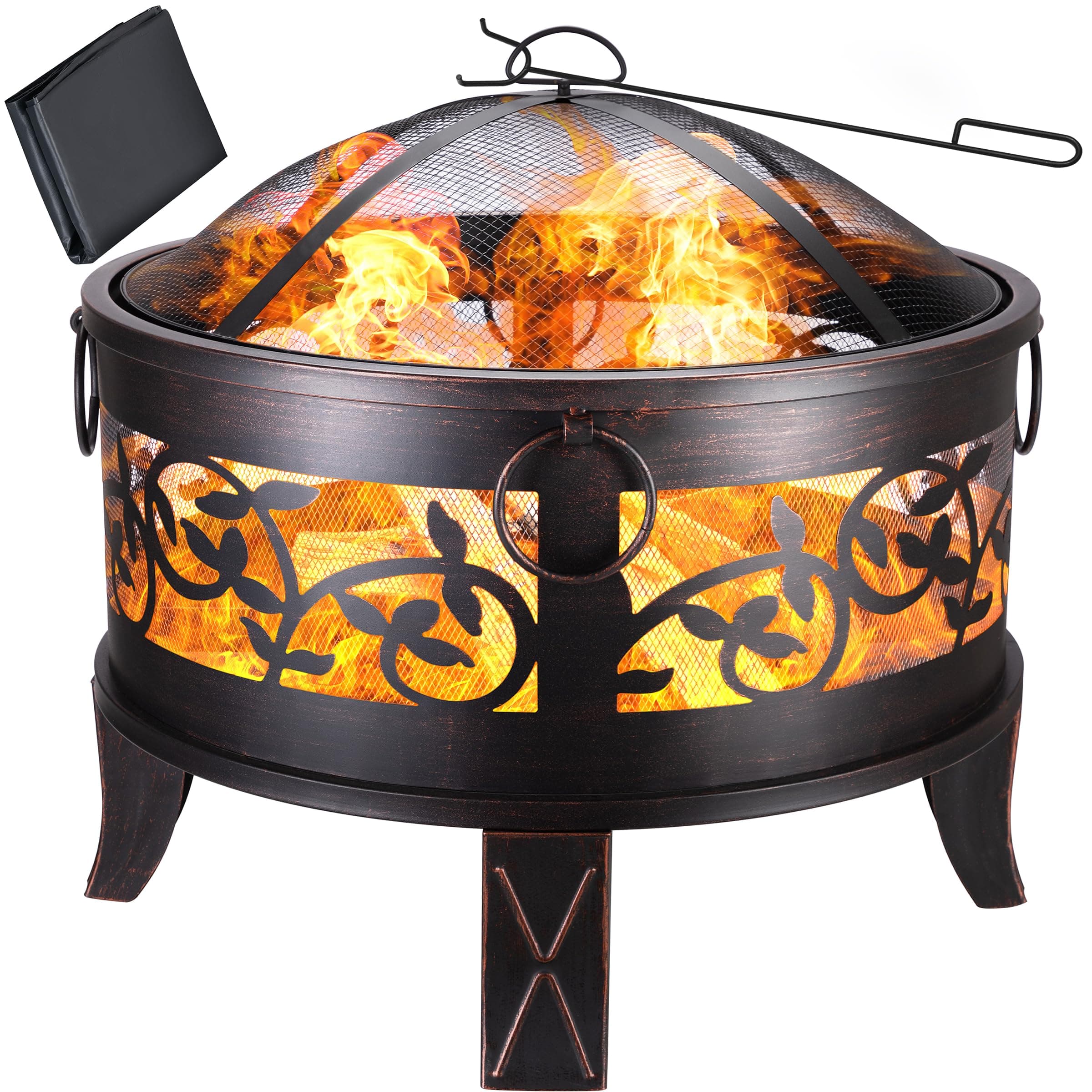 🔥🏡 Gardebruk® Feuerschale mit Funkenschutz Rund Ø66cm Schürhaken Abdeckung Schwarz Modern Terrasse Garten Feuerstelle Feuerkorb Kamin Ofen Holz Grill 🏡🔥
