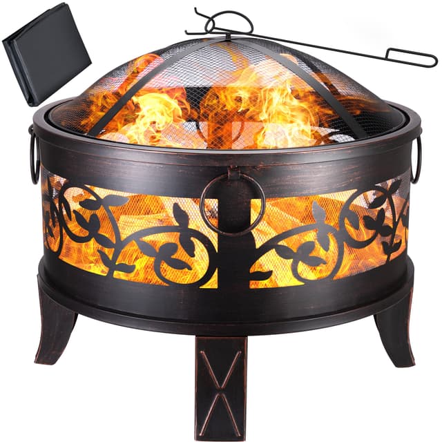 🔥🏡 Gardebruk® Feuerschale mit Funkenschutz Rund Ø66cm Schürhaken Abdeckung Schwarz Modern Terrasse Garten Feuerstelle Feuerkorb Kamin Ofen Holz Grill 🏡🔥