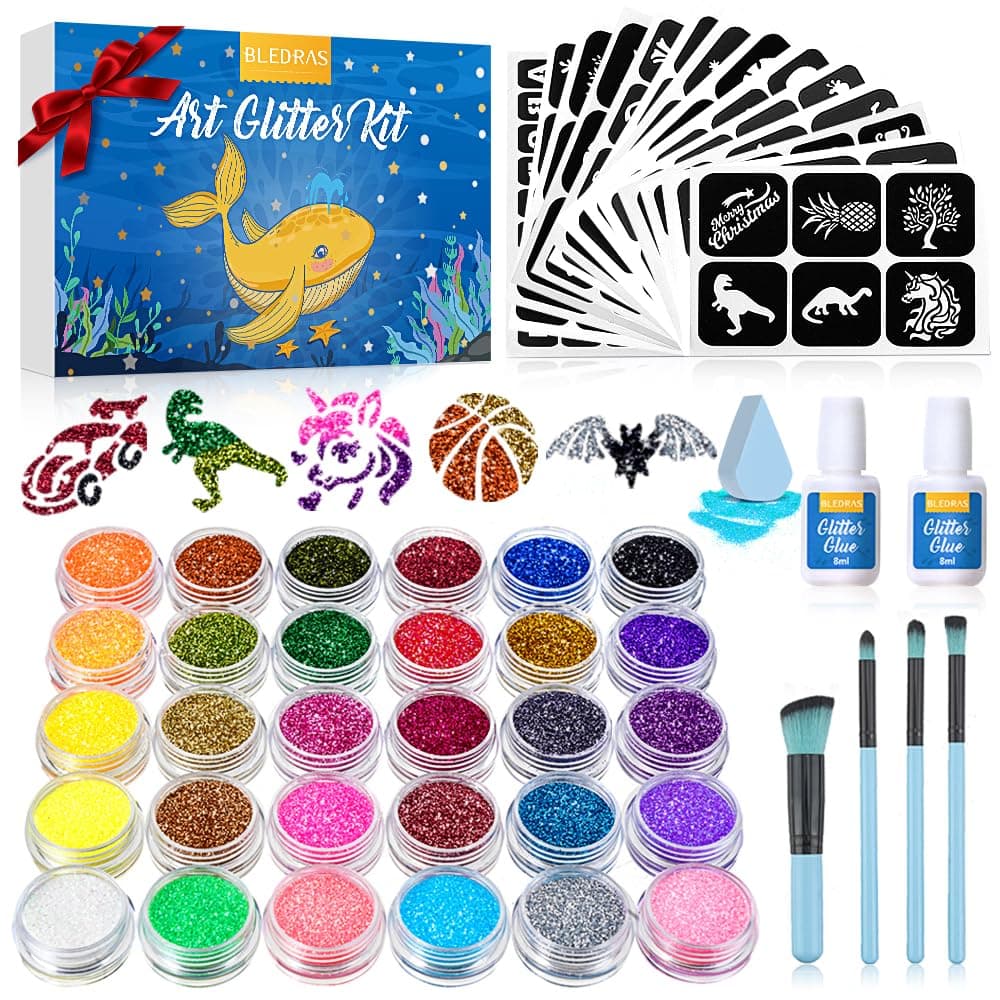Bledras Glitzer Tattoo Set Kinder 🌟 30 Farben Glitzertattoos, 147 Schablonen, 4 Pinsel, 2 Kleber, Geschenke für Kinder im Alter von 3 bis 12 Jahren