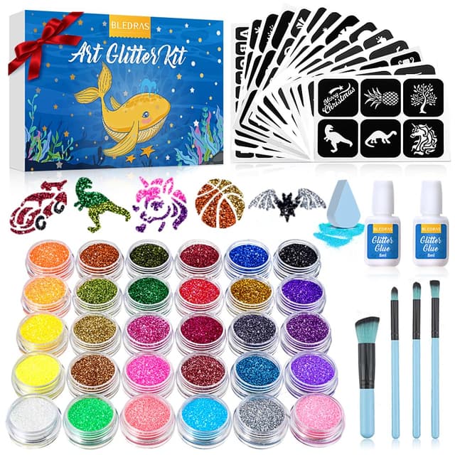 Bledras Glitzer Tattoo Set Kinder 🌟 30 Farben Glitzertattoos, 147 Schablonen, 4 Pinsel, 2 Kleber, Geschenke für Kinder im Alter von 3 bis 12 Jahren