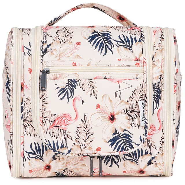 Narwey Groß Kulturbeutel Damen & Herren - Große Kulturtasche Zum Aufhängen, Kinder Kosmetiktasche - Waschtasche für Mädchen (Beiger Flamingo (Groß)) A-beiger Flamingo L