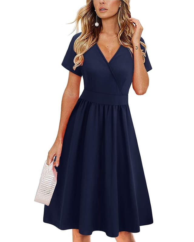 👗 VOTEPRETTY Damen Sommerkleid Kurzarm V-Ausschnitt Wickelkleid Knielang Kleid mit Taschen L Marine
