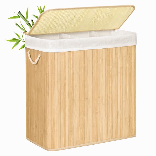 SONGMICS Wäschekorb 3 Fächer, 150 L Wäschesammler mit Deckel, Wäschebox Bambus 🧺🌿