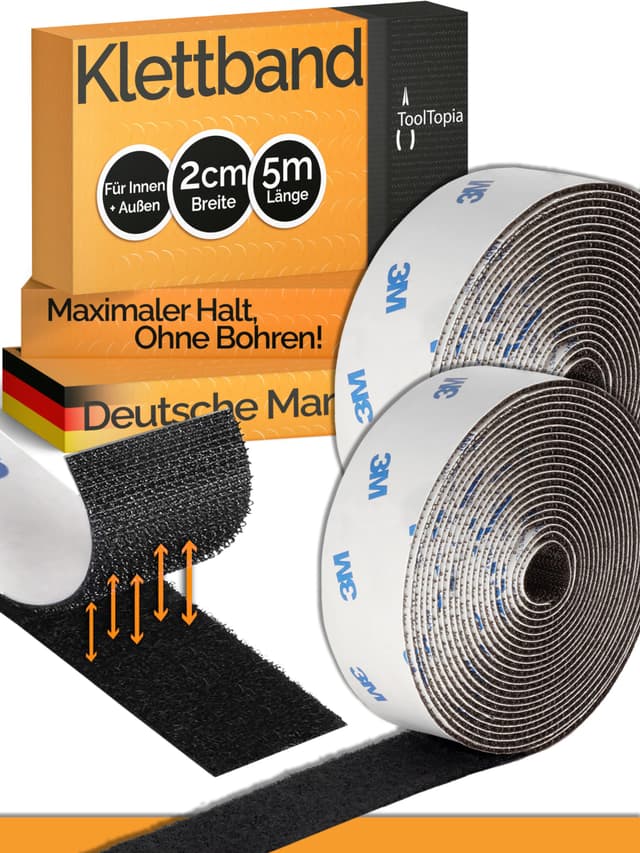 ToolTopia Handwerksqualität Schwarz 20mm x 5m Klettband Selbstklebend Extra Stark Outdoor & Indoor 🌟