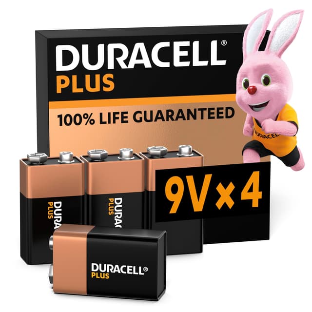 🔋 Duracell Plus 9V Blockbatterie, 4 Stück | 9V Batterie für Rauchmelder | Feuermelder | 100% langlebiger