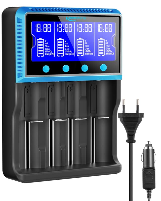 Universal Akku Ladegerät mit 4 Schacht, LCD Smart Schnell Aufladen Batterieladegerät
