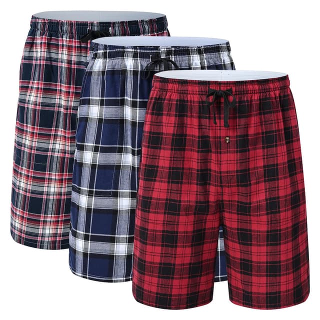 🌙 Huayuzh Schlafanzughose Herren Kurz Pyjama Baumwolle 3er Pack Kariert Schlafhose Weich Atmungsaktiv Taschen Knopfleiste XL 3 Pack-01